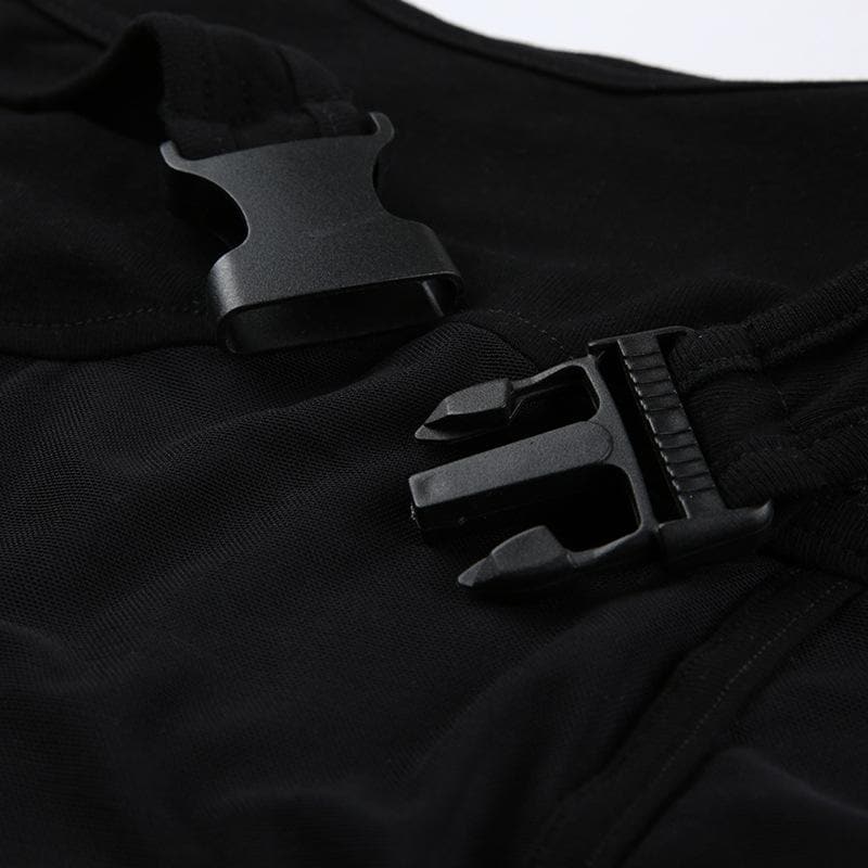 Edgy Y2K Buckle Mesh Bodysuit & Off-Shoulder Shrug Set - Perfect for Fall Nights Out