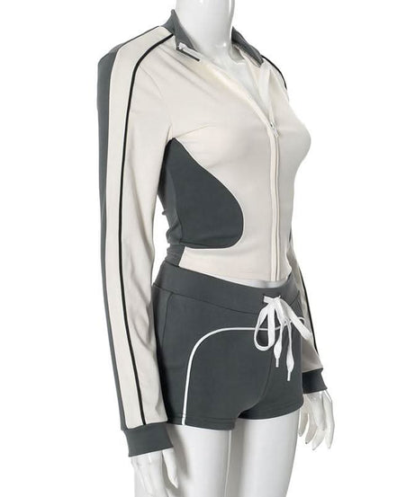 Chic Fall Athleisure Set: Women's Full-Zip Crop Jacket & Drawstring Shorts - Cozy Autumn Comfort