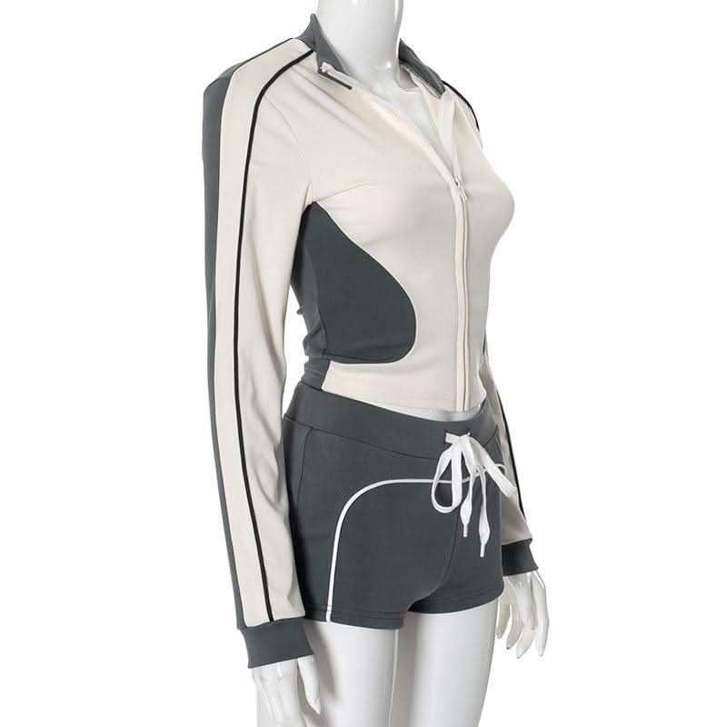 Chic Fall Athleisure Set: Women's Full-Zip Crop Jacket & Drawstring Shorts - Cozy Autumn Comfort