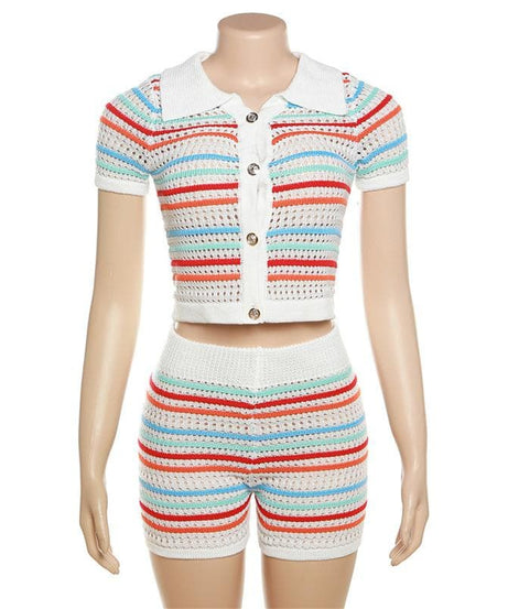 Coastal Chic Striped Crochet Knit Two-Piece Short Set – Your Go-To for Fall Getaways & Sunny Escapes