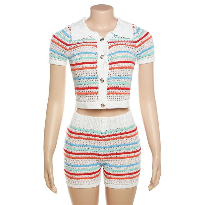 Coastal Chic Striped Crochet Knit Two-Piece Short Set – Your Go-To for Fall Getaways & Sunny Escapes
