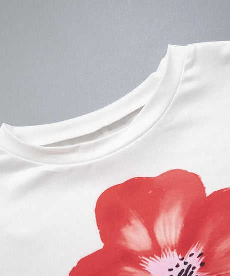 Vibrant Red Poppy Floral Tee | Women's Soft & Stretchy Short Sleeve Top for Fall Style