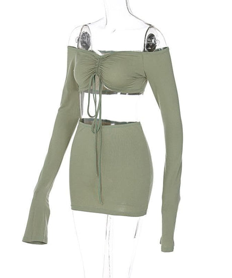 Fall Night Out Ready: Chic Off-Shoulder Cut-Out Mini Skirt Set with Drawstring Detail