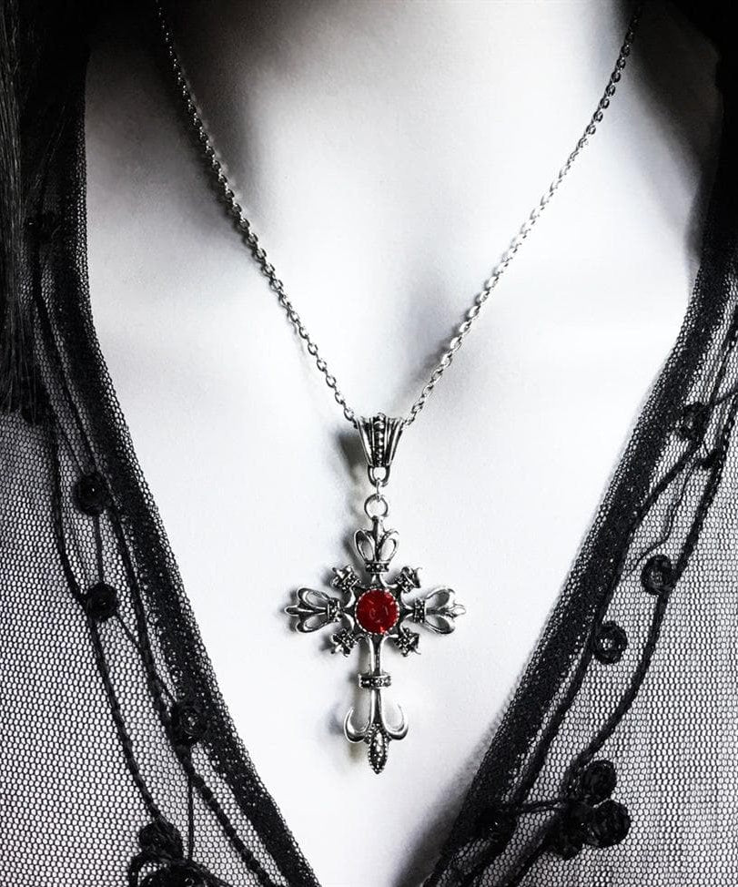 Enchanting Gothic Cross Necklace with Blood Red Jewel - Dark Elegance for Fall & Halloween