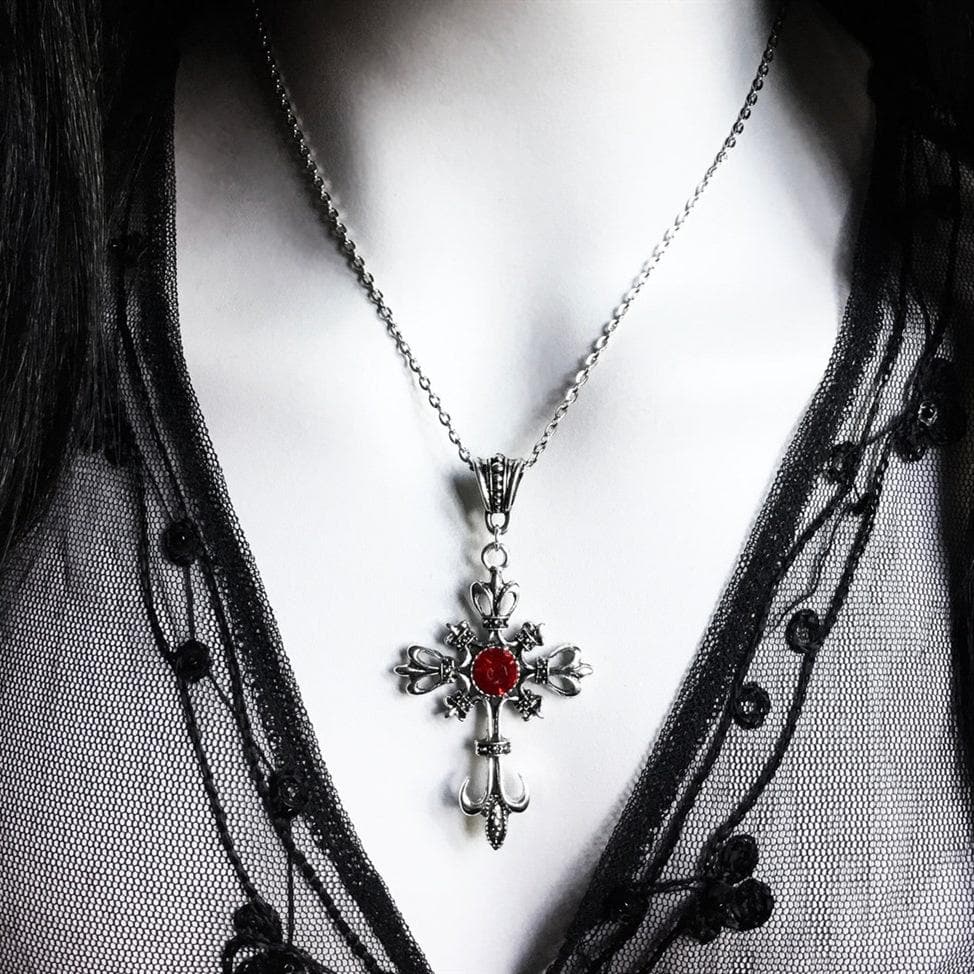 Enchanting Gothic Cross Necklace with Blood Red Jewel - Dark Elegance for Fall & Halloween