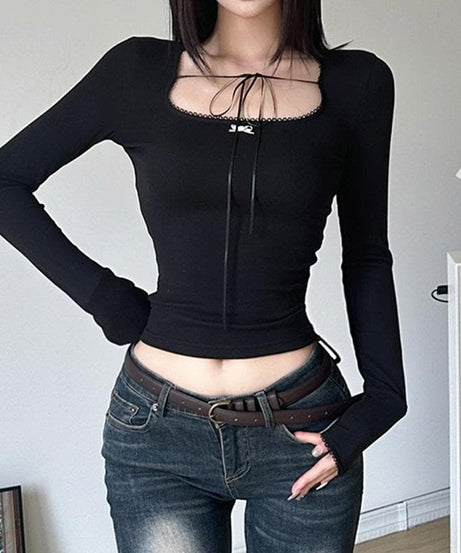 Cozy Chic Black Square Neck Long Sleeve Top | Ribbon Tie Front & Delicate Lace Trim
