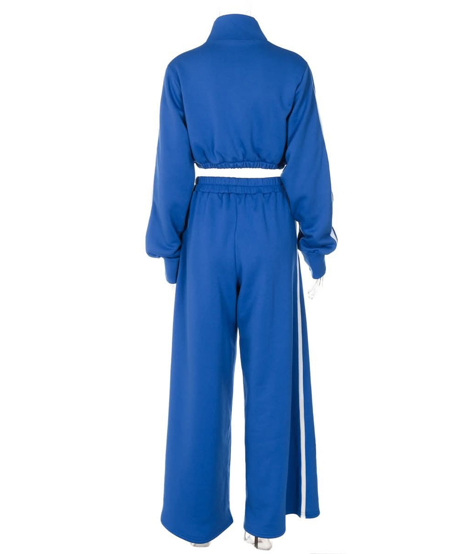 Cozy Chic Fall: Royal Blue Cropped Zip Sweatshirt & Wide-Leg Pant Set