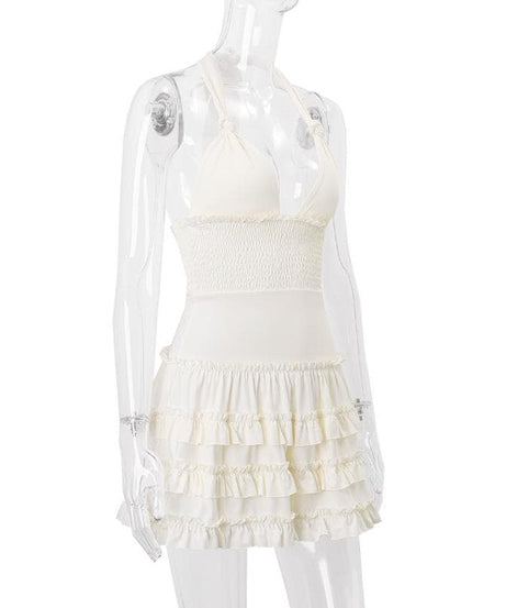 Dreamy White Halter Plunge Ruffle Mini Dress - Chic for Fall Soirees & Sunny Getaways