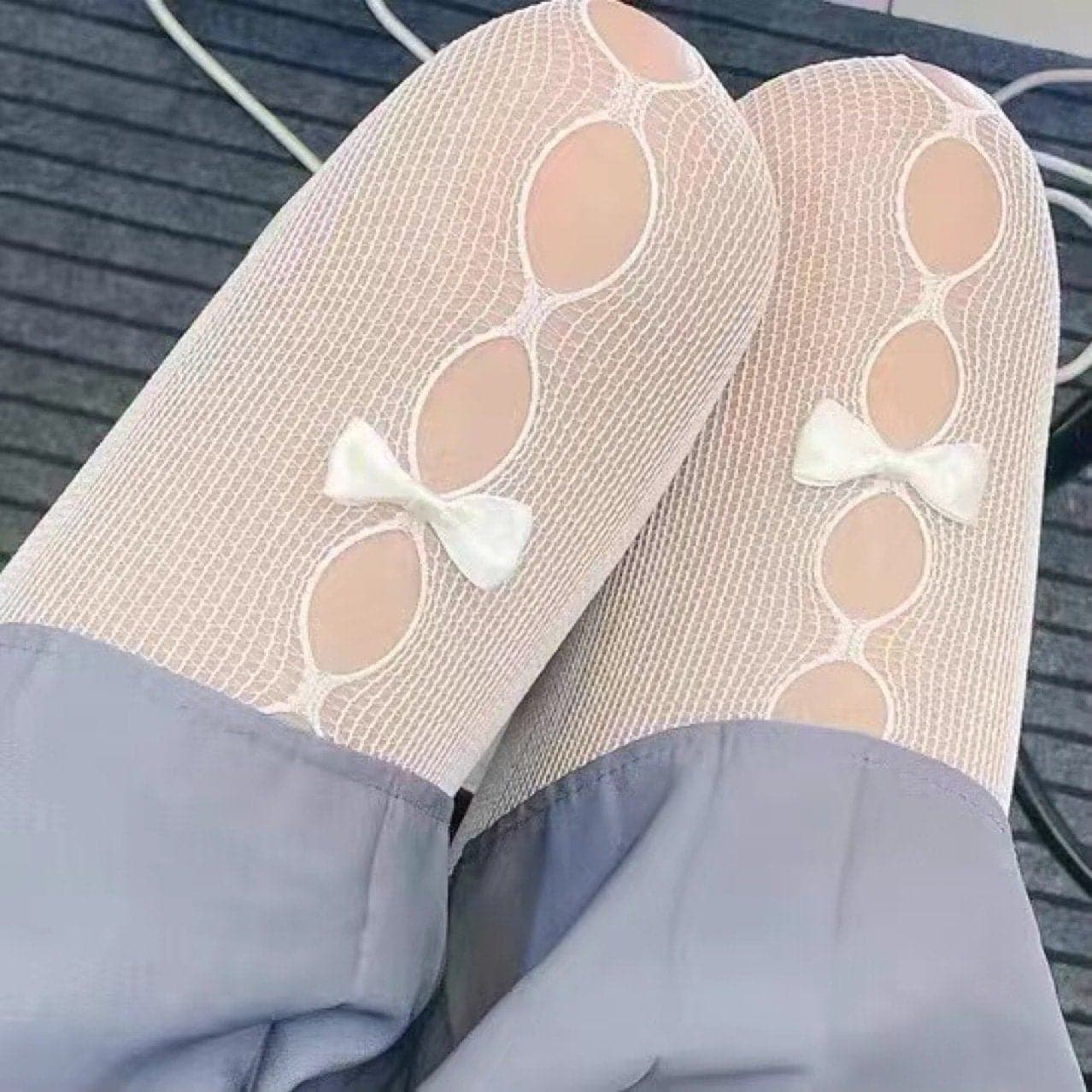 Enchanting White Fishnet Tights with Bow & Cut-Outs – Your Fall & Halloween Style Secret!