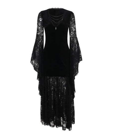 Bewitching Black Velvet & Lace Maxi Dress - Elegant Bell Sleeve Gown for Halloween & Fall Soirees