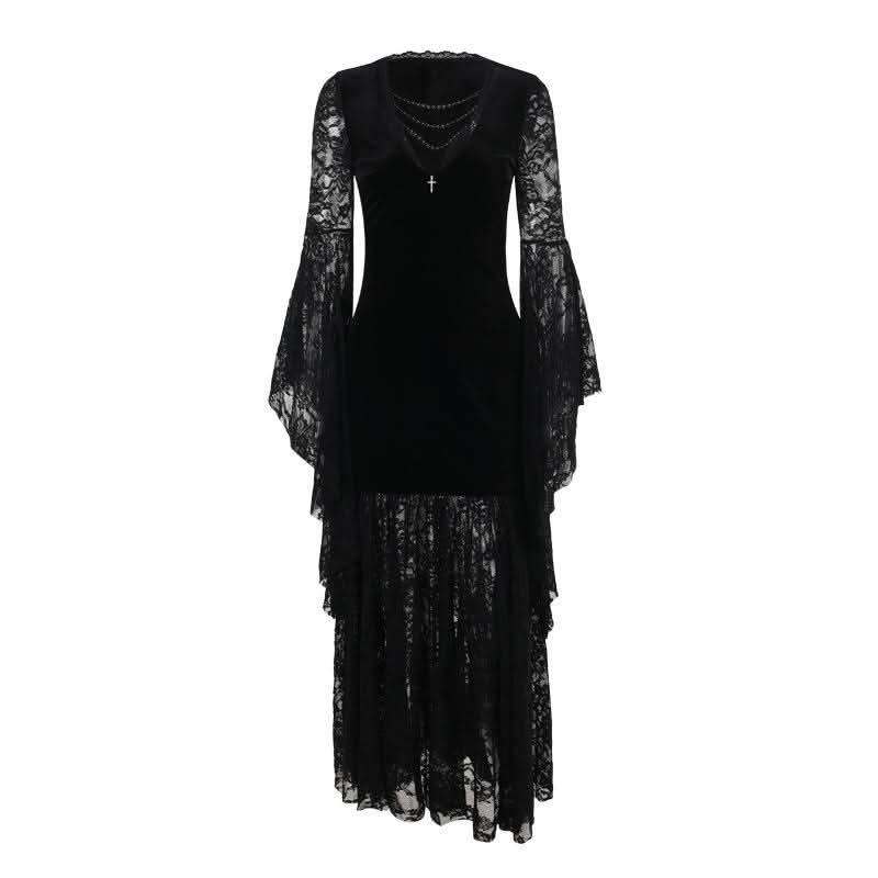 Bewitching Black Velvet & Lace Maxi Dress - Elegant Bell Sleeve Gown for Halloween & Fall Soirees