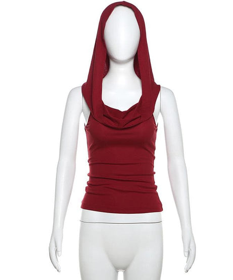 Autumn Enchantress: Deep Wine Red Sleeveless Cowl Neck Hoodie Top for Fall