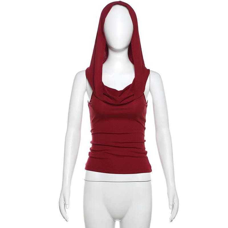 Autumn Enchantress: Deep Wine Red Sleeveless Cowl Neck Hoodie Top for Fall