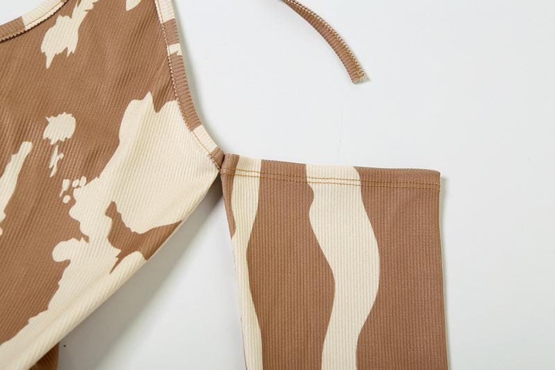 Edgy Fall Nights: Abstract Print Halter Cut-Out Mini Dress with Cold Shoulder Sleeves