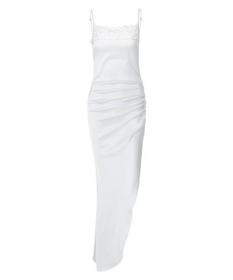 Glamorous White Satin & Lace Ruched Maxi Dress - Elegant Slit for Holiday Parties & Events