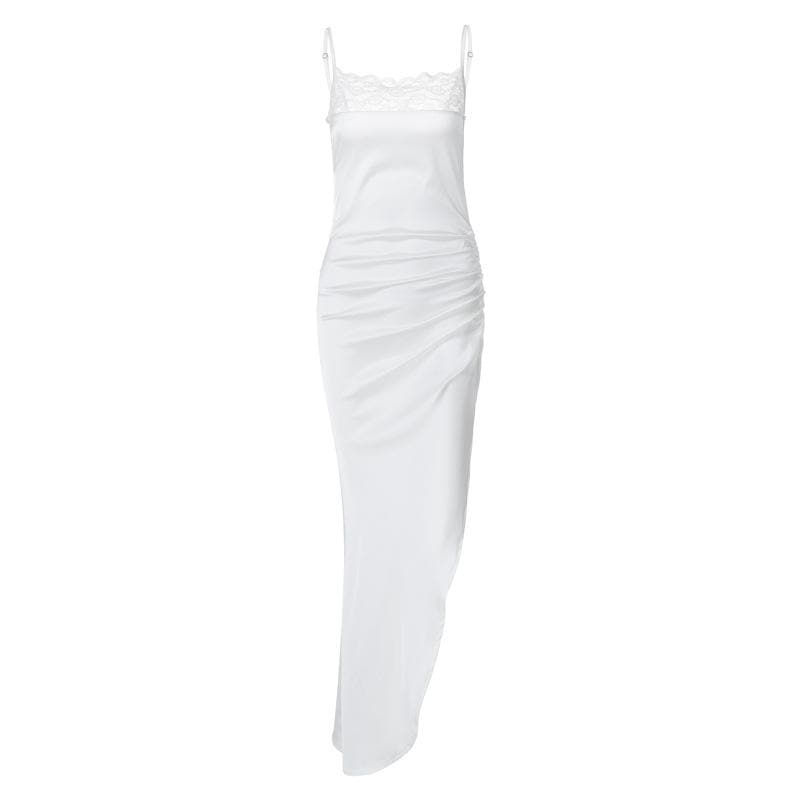 Glamorous White Satin & Lace Ruched Maxi Dress - Elegant Slit for Holiday Parties & Events