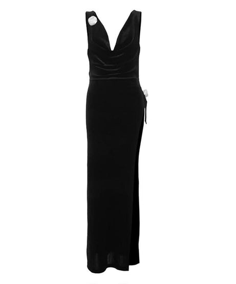 The Opulent Velvet Maxi: Black Cowl Neck Gown with Slit & Backless Design | Fall & Holiday Party Ready