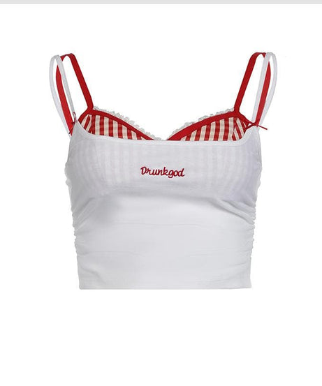 DrunkGod Embroidered Gingham Crop Cami Top | Edgy Y2K Street Style for Women - Fall Layering