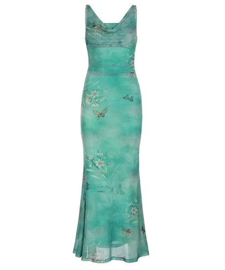 Dreamy Butterfly Print Ruched Mesh Maxi Dress | Cowl Neck & Mermaid Hem for Effortless Fall Style