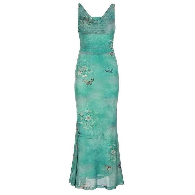 Dreamy Butterfly Print Ruched Mesh Maxi Dress | Cowl Neck & Mermaid Hem for Effortless Fall Style