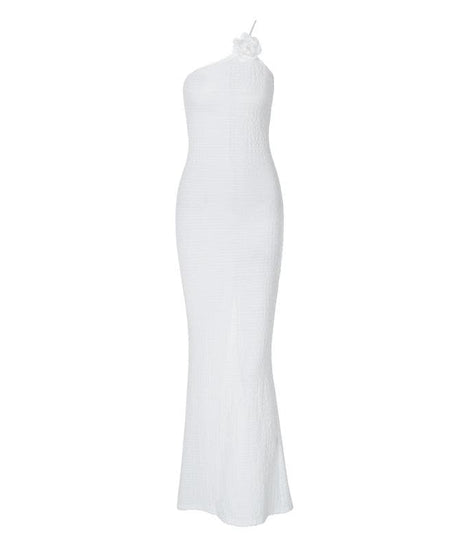 Show-Stopping White One-Shoulder Maxi Dress with 3D Floral Appliqué & Thigh Slit