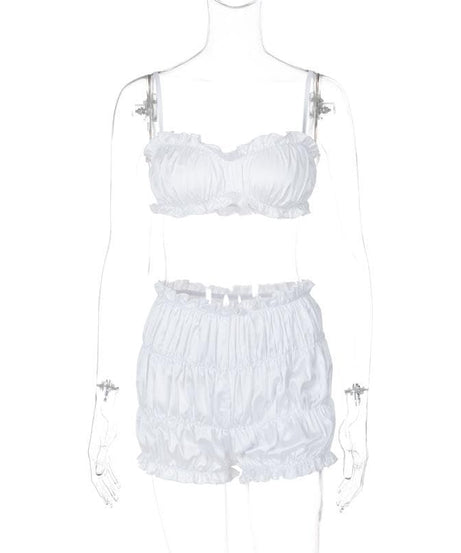 Dreamy Silky Ruched Cami Top & Bubble Shorts Set – Luxe Loungewear for Cozy Fall Evenings