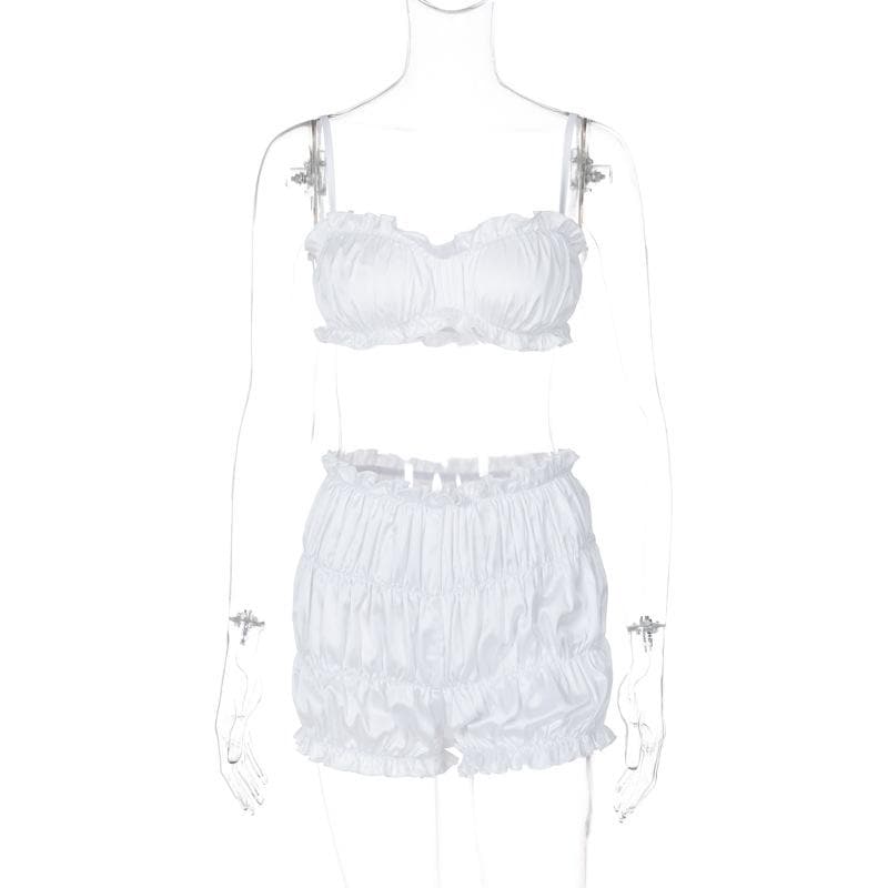 Dreamy Silky Ruched Cami Top & Bubble Shorts Set – Luxe Loungewear for Cozy Fall Evenings
