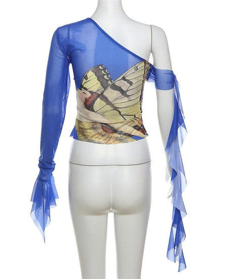 Enchanting Butterfly Art One-Shoulder Mesh Top - Flared Sleeve Y2K Style for Fall