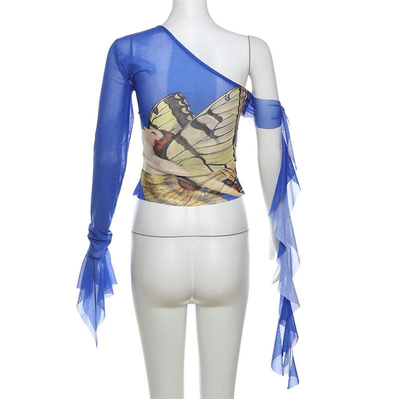 Enchanting Butterfly Art One-Shoulder Mesh Top - Flared Sleeve Y2K Style for Fall