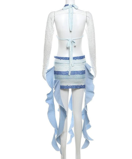 Siren Chic: Ruffled Striped Mini Skirt Set with Lace Shrug – Fall's Hottest Statement Look