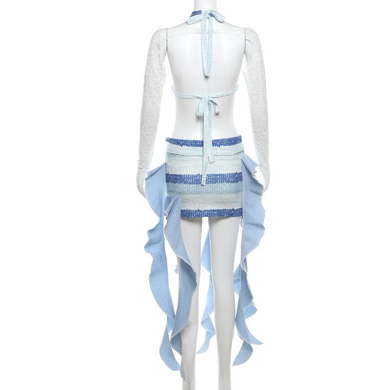 Siren Chic: Ruffled Striped Mini Skirt Set with Lace Shrug – Fall's Hottest Statement Look