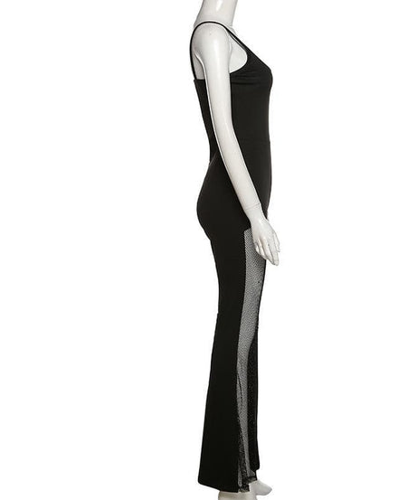 Dare to Dazzle: Black Mesh Slit Flare Jumpsuit - Your Ultimate Fall & Holiday Party Statement