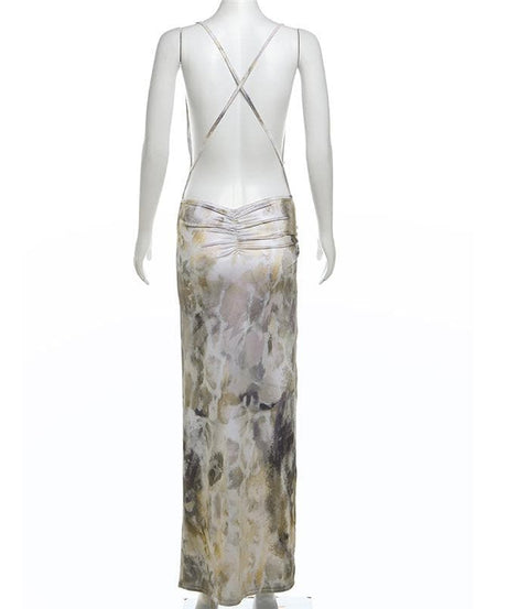 Chic Abstract Satin Cowl Neck Maxi Dress with O-Ring Back & High Slit - Fall & Holiday Party Ready