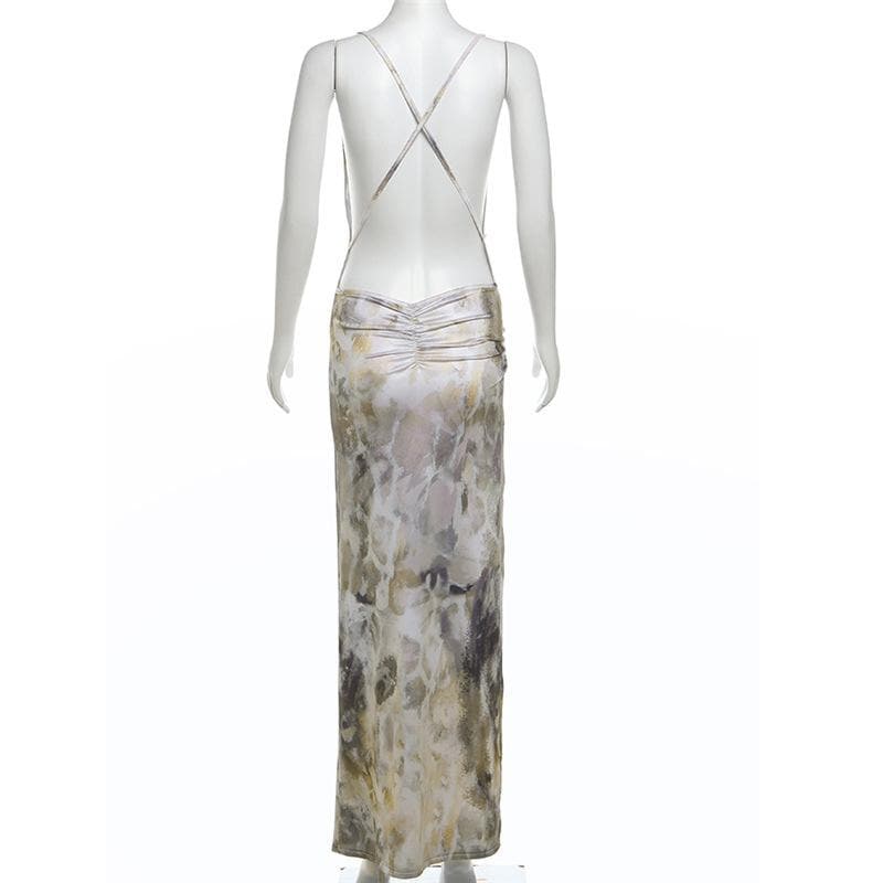 Chic Abstract Satin Cowl Neck Maxi Dress with O-Ring Back & High Slit - Fall & Holiday Party Ready
