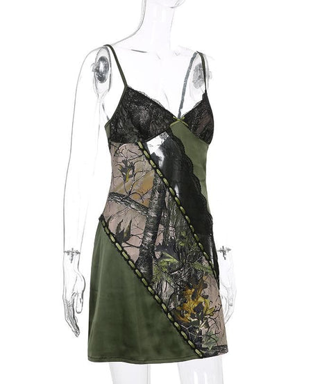 Y2K Woodland Camo & Lace Slip Dress - Olive Green Mini for Fall Nights Out