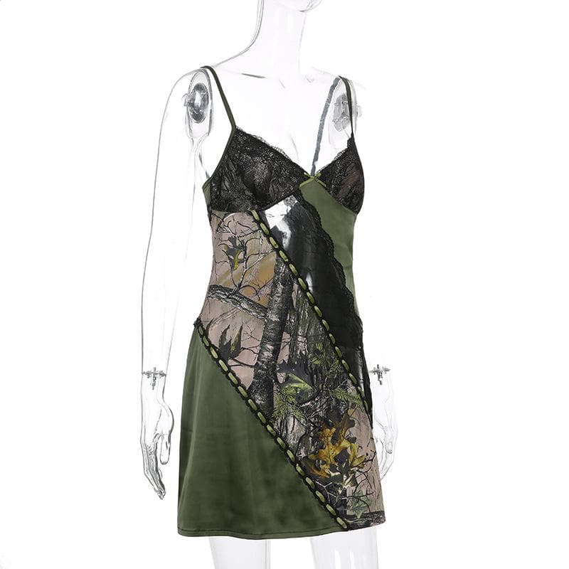 Y2K Woodland Camo & Lace Slip Dress - Olive Green Mini for Fall Nights Out