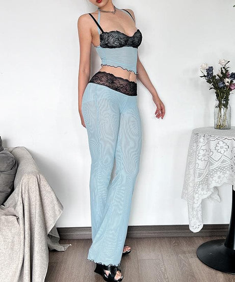 “Sultry Siren” Black Lace Mesh Sweetheart Cami & Flare Pant Set | Halloween & Fall Nights