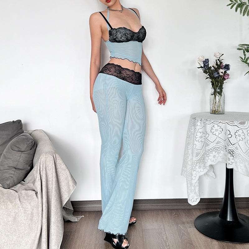 “Sultry Siren” Black Lace Mesh Sweetheart Cami & Flare Pant Set | Halloween & Fall Nights
