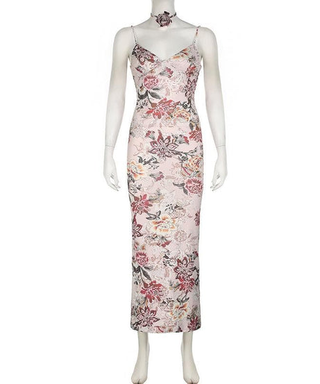 Effortless Autumn Bloom Maxi Dress & Choker Set | Chic V-Neck Floral Gown