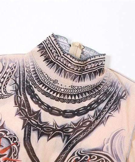Illusion Tattoo Print Mesh Jumpsuit - Second Skin Fall & Halloween Statement Piece