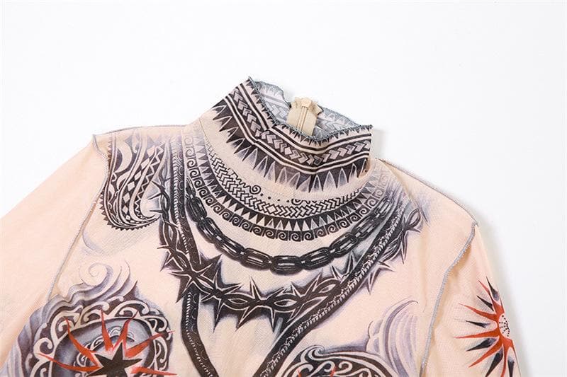Illusion Tattoo Print Mesh Jumpsuit - Second Skin Fall & Halloween Statement Piece