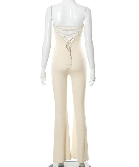 Cozy Chic Strapless Ribbed Knit Bell Bottom Jumpsuit | Effortless Fall Style with Lace-Up Back