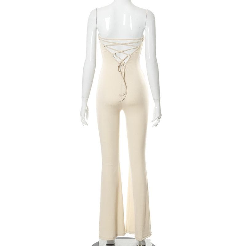 Cozy Chic Strapless Ribbed Knit Bell Bottom Jumpsuit | Effortless Fall Style with Lace-Up Back
