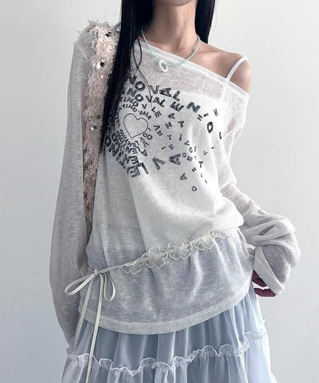 Y2K Coquette Sheer Knit Top - Off-Shoulder Graphic Long Sleeve for Fall