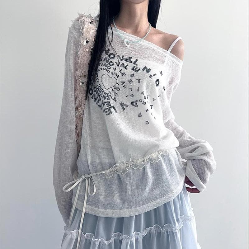 Y2K Coquette Sheer Knit Top - Off-Shoulder Graphic Long Sleeve for Fall