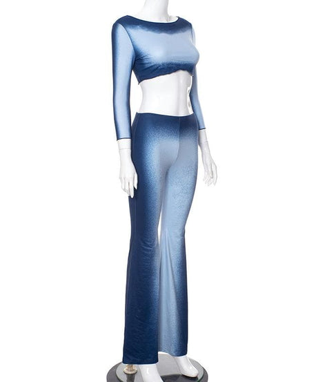 Cozy Chic Ombre Blue Flare Pant & Crop Top Set | Fall Vibes Fashion for Women