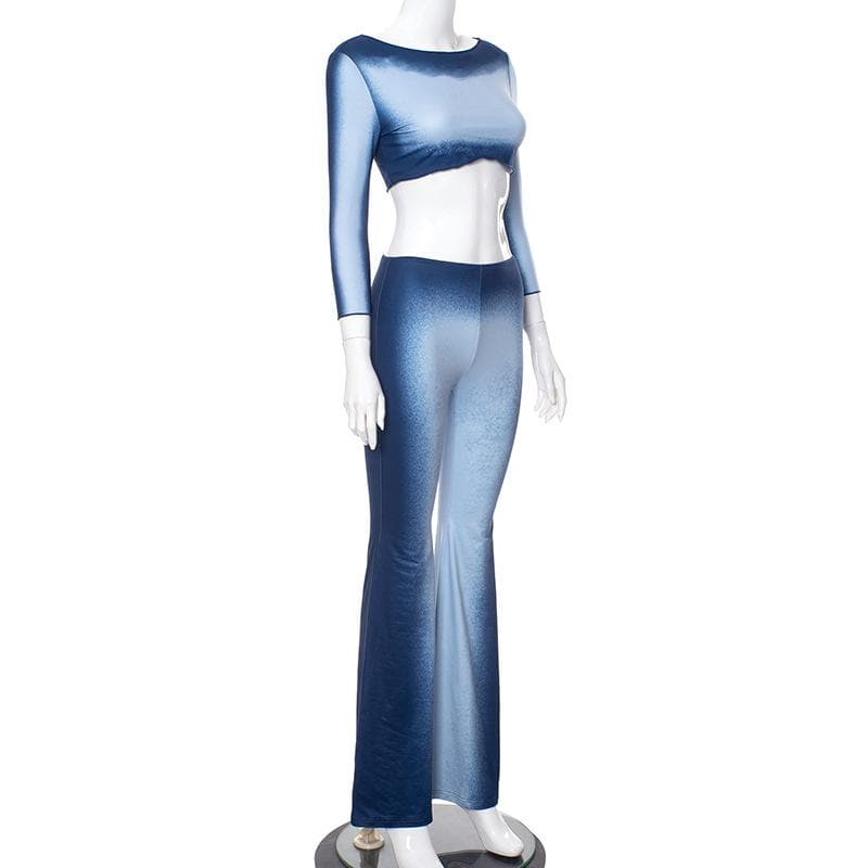Cozy Chic Ombre Blue Flare Pant & Crop Top Set | Fall Vibes Fashion for Women