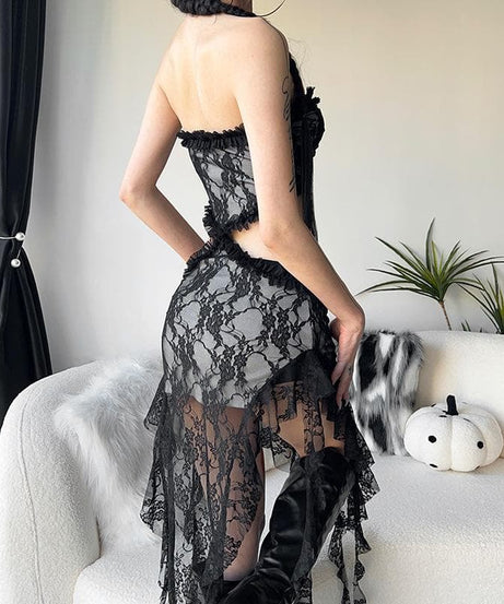 Gothic Enchantress Black Lace Cut-Out Midi Dress - Perfect for Halloween & Fall Parties