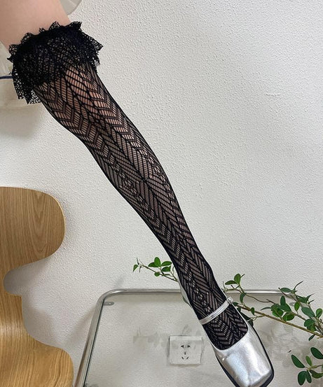 Chic Black Lace Ruffle Thigh High Stockings - Perfect for Fall, Halloween & Holiday Glam