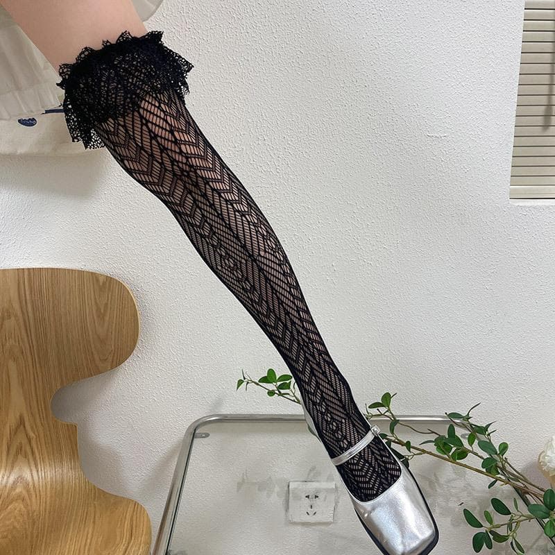 Chic Black Lace Ruffle Thigh High Stockings - Perfect for Fall, Halloween & Holiday Glam